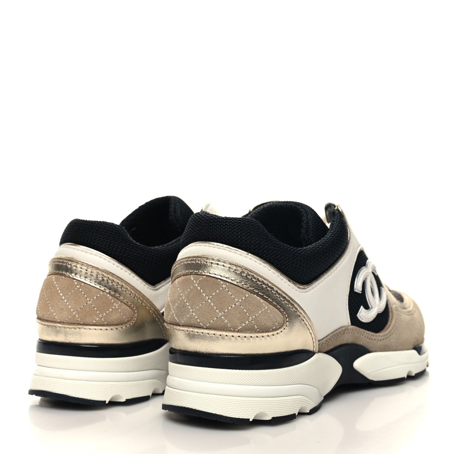 Chanel Mesh Suede Calfskin Womens CC Sneakers 35.5 White Black Beige Gold 5 of 9