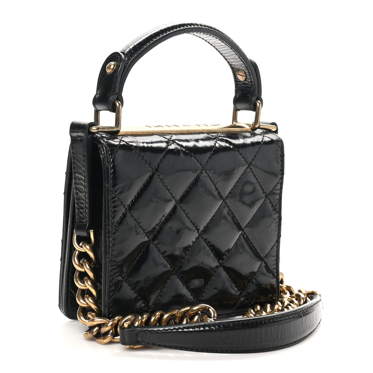 Glazed Crumpled Calfskin Quilted Mini Rita Top Handle Flap Black