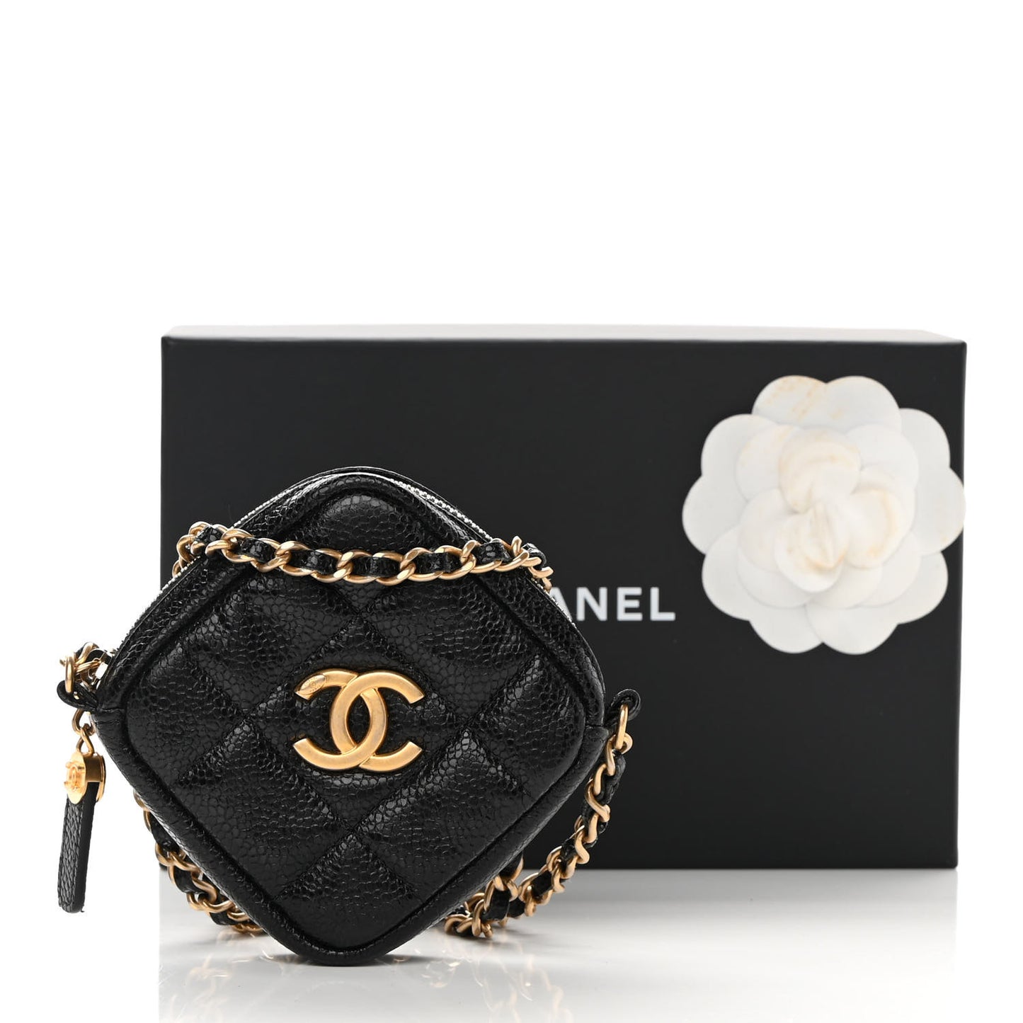 Caviar Quilted Diamond Coin Purse With Chain Black