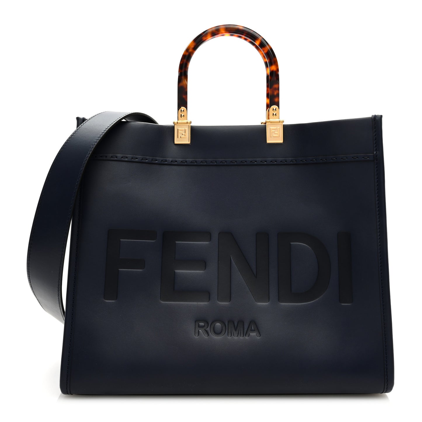 Vitello King Plexiglass Logo Embossed Medium Fendi Sunshine Shopper Tote Midnight