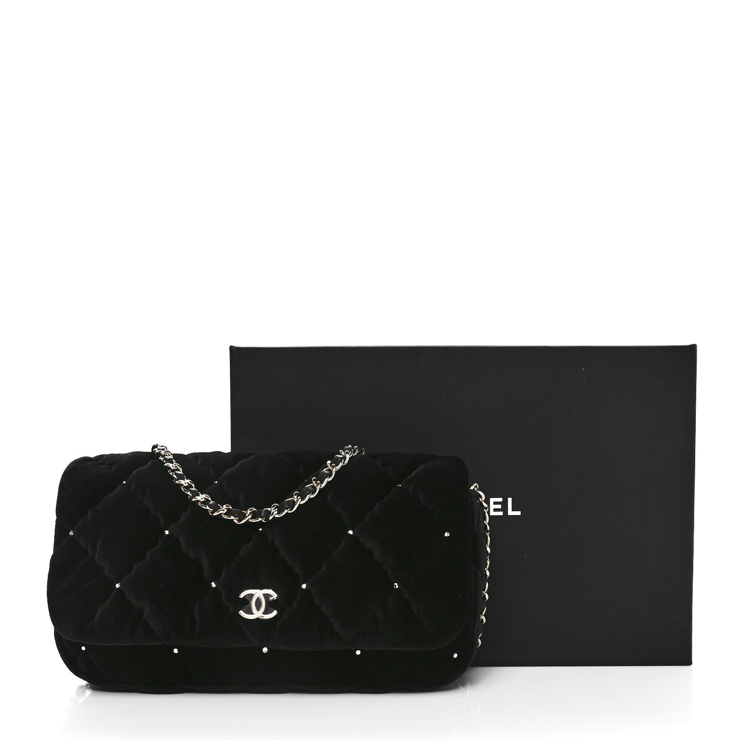 Velvet Diamanté Quilted Flap Clutch Black