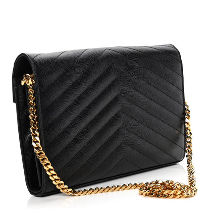 Saint Laurent Grain De Poudre Matelasse Chevron Monogram Chain Wallet Black 3 of 9