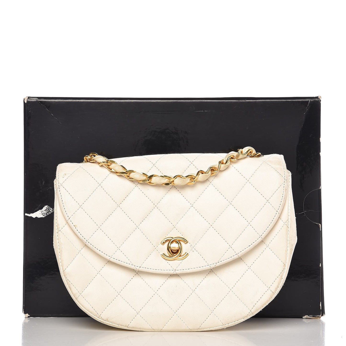 Lambskin Quilted Small Half Moon Flap Ivory