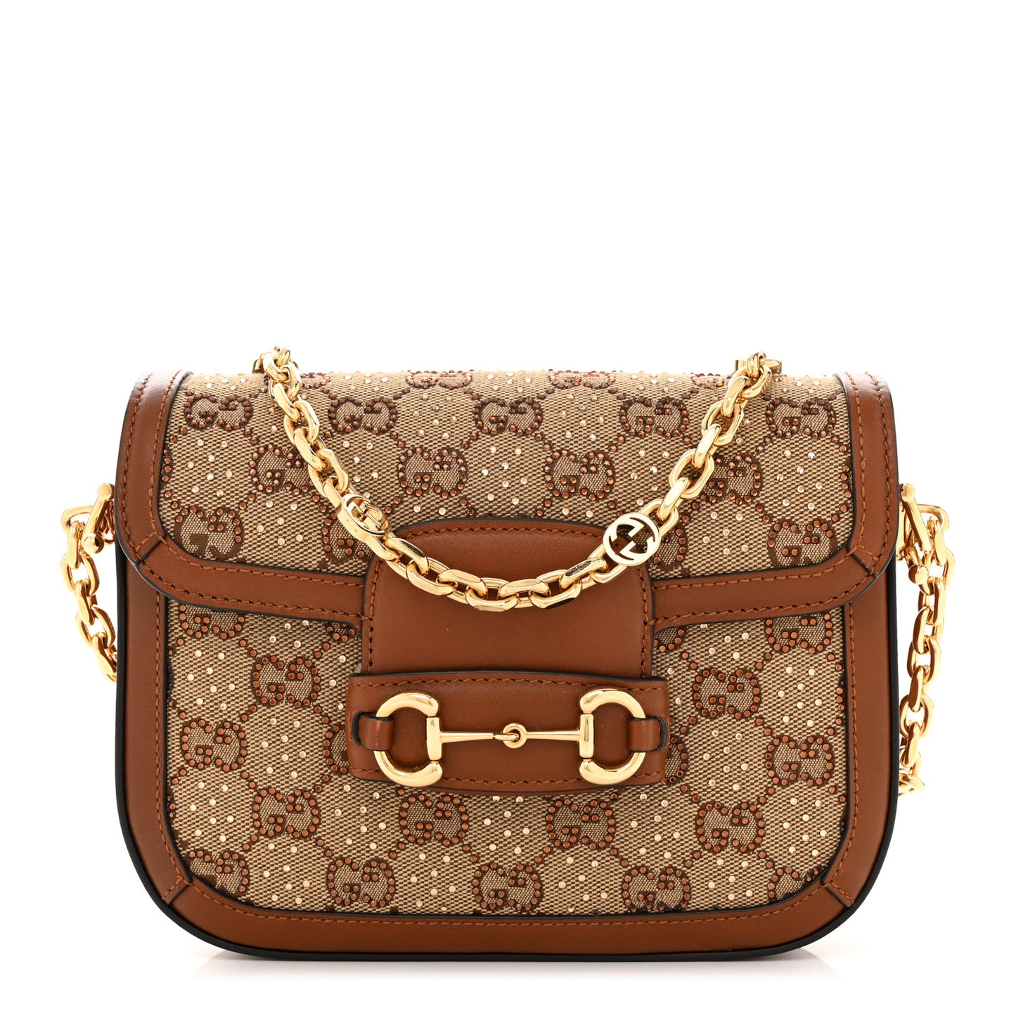 New Canvas Charisma Calfskin Crystal GG Monogram Mini Horsebit 1955 Shoulder Bag Camel Ebony