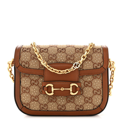 Gucci New Canvas Charisma Calfskin Crystal GG Monogram Mini Horsebit 1955 Shoulder Bag Camel Ebony 1 of 10