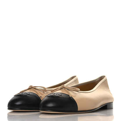 Chanel Lambskin Cap Toe Ballerina Flats 39.5 Beige Black 3 of 9