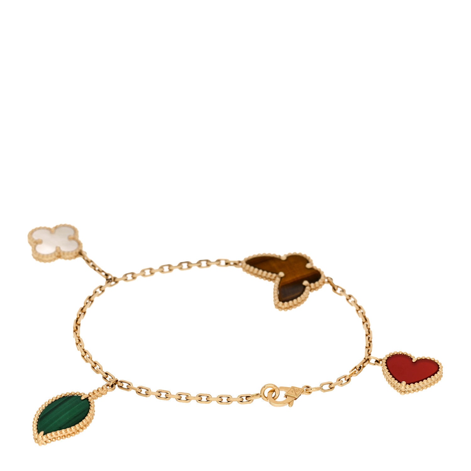 Van Cleef & Arpels 18K Yellow Gold Mother of Pearl Malachite Carnelian Tiger Eye 4 Motifs Lucky Alhambra Bracelet 2 of 3