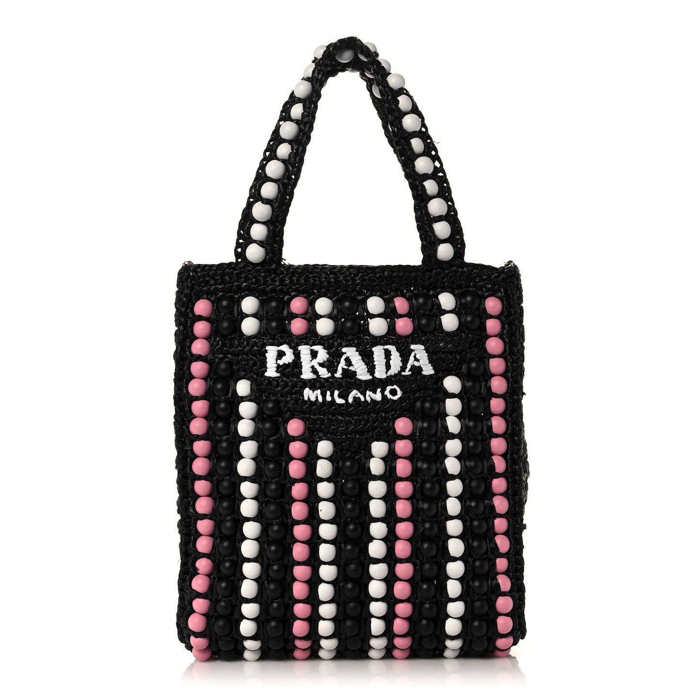Raffia Wood Bead Embroidered Logo Tote Bag Black