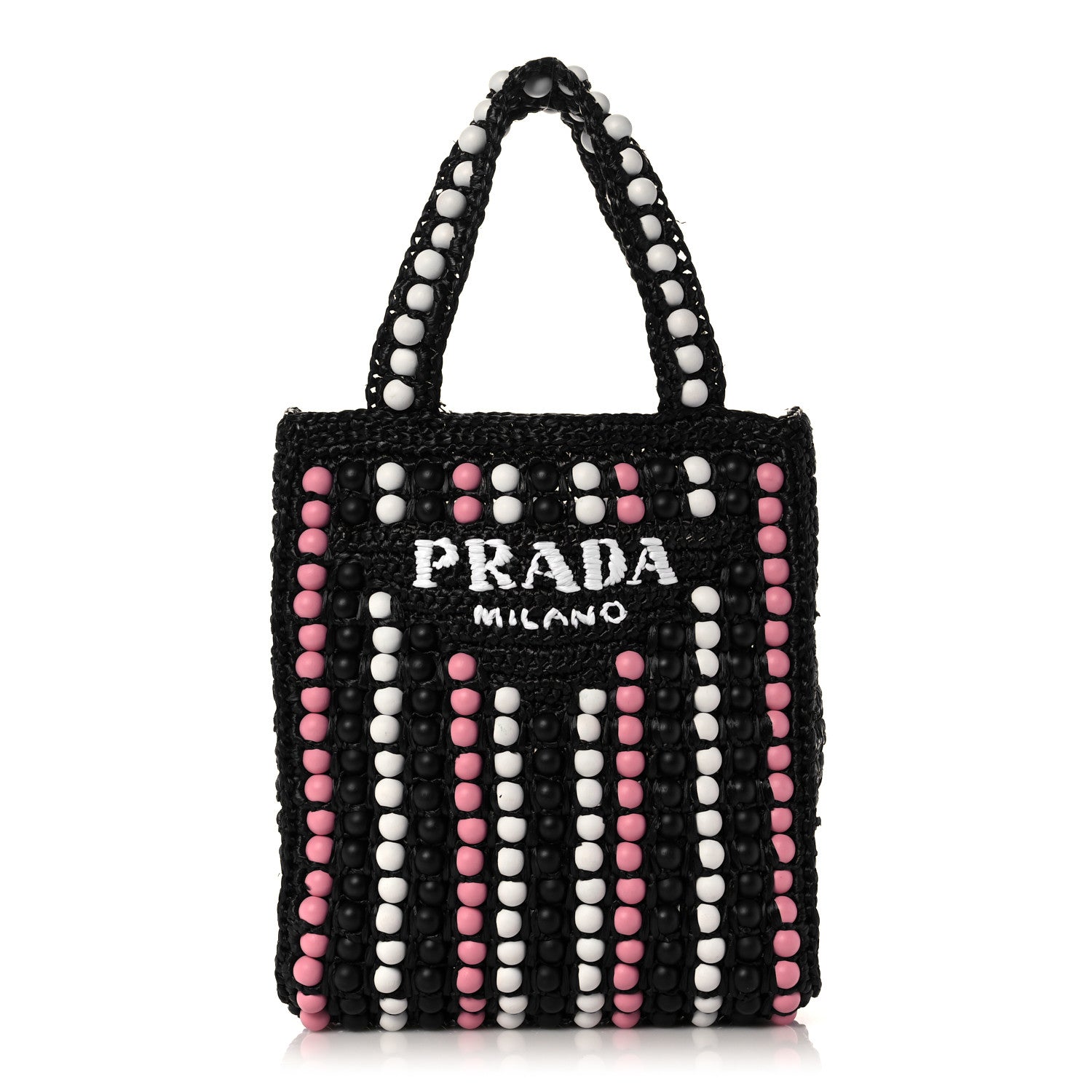 Prada Raffia Wood Bead Embroidered Logo Tote Bag Black 1 of 10