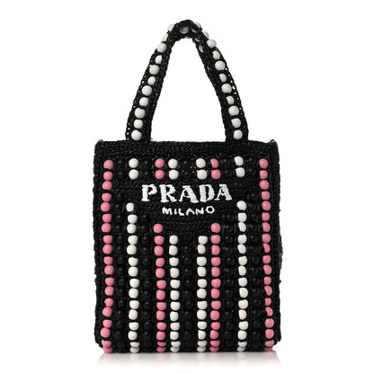 Prada Raffia Wood Bead Embroidered Logo Tote Bag Black 1 of 10