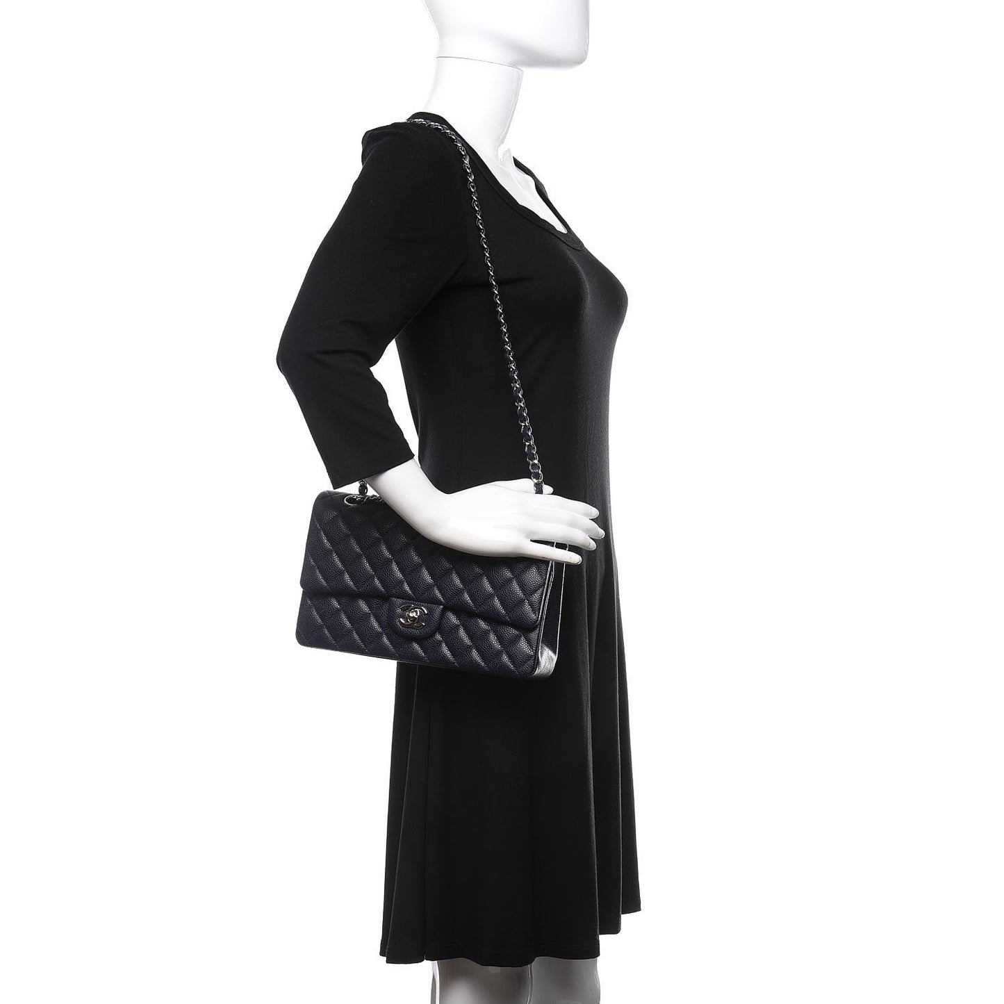 Caviar Quilted Medium Double Flap Dark Blue