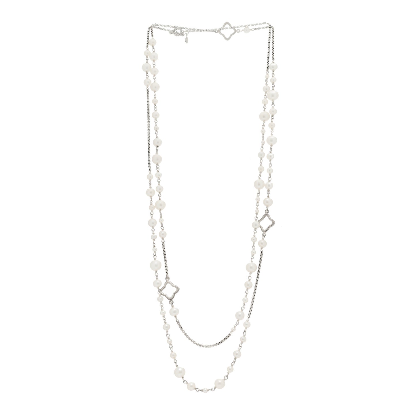 Sterling Silver Cultured Pearl Quatrefoil Long Chain Necklace