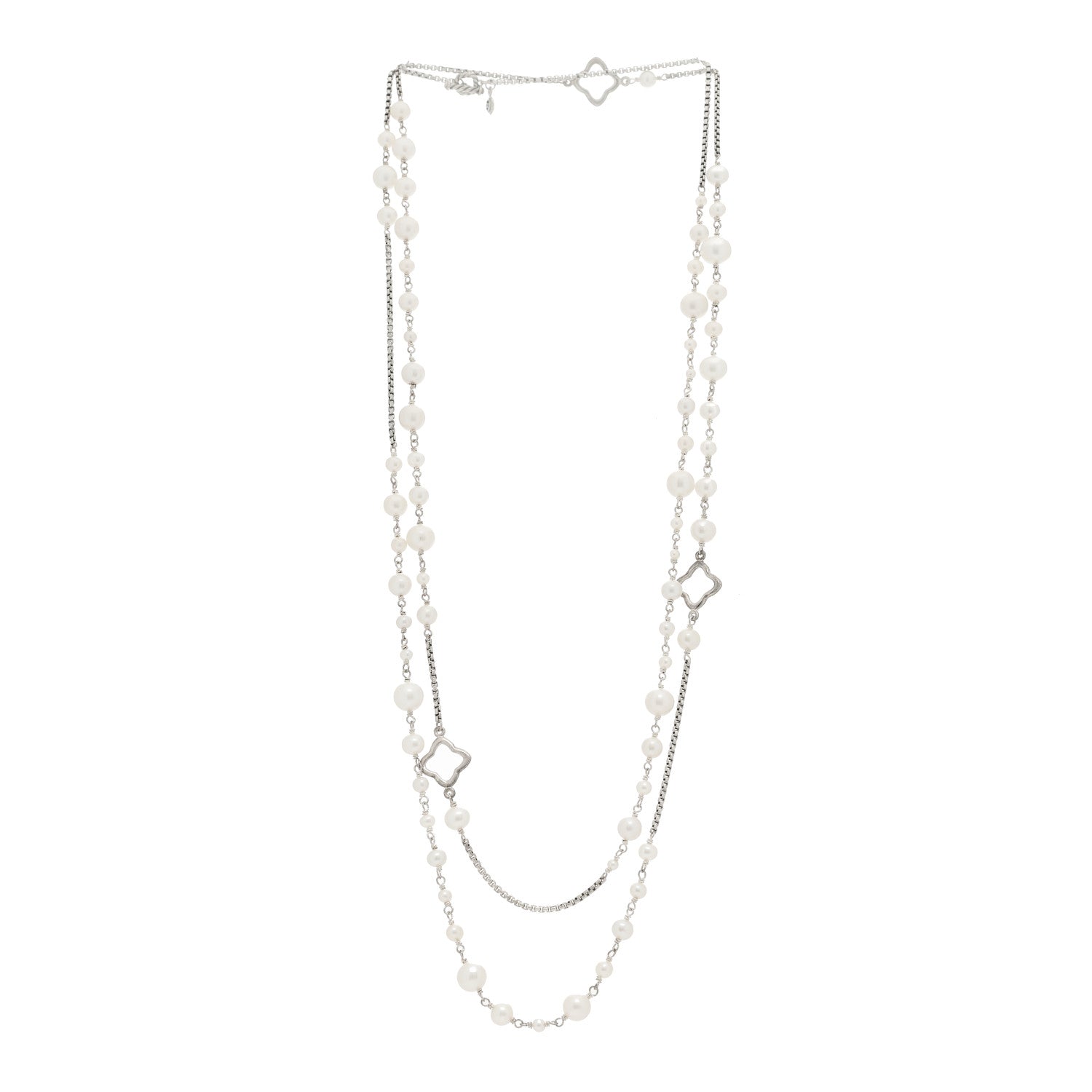 David Yurman Sterling Silver Cultured Pearl Quatrefoil Long Chain Necklace 3 of 5
