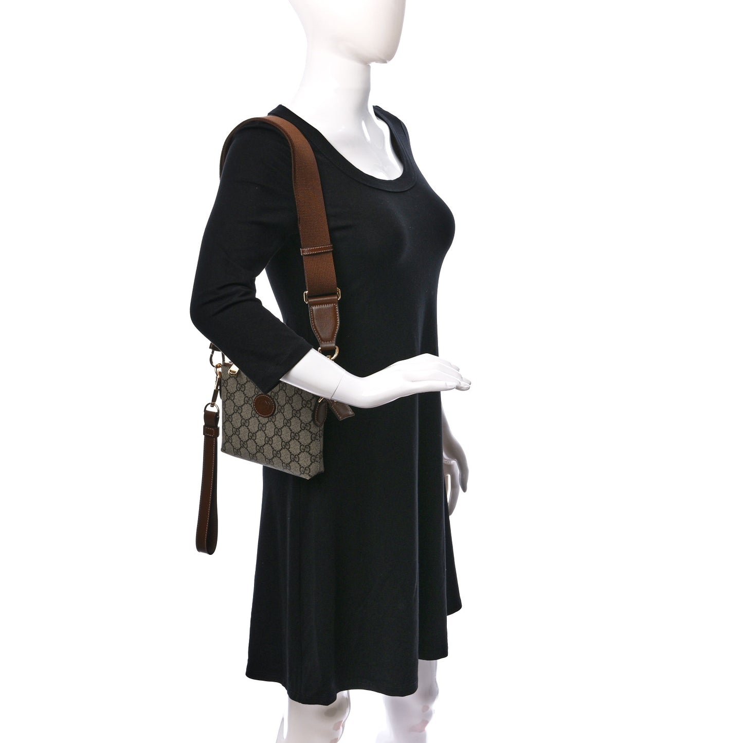 GG Supreme Monogram Azalea Calfskin Small Retro Interlocking G Wristlet Messenger Bag Beige Ebony Brown Sugar