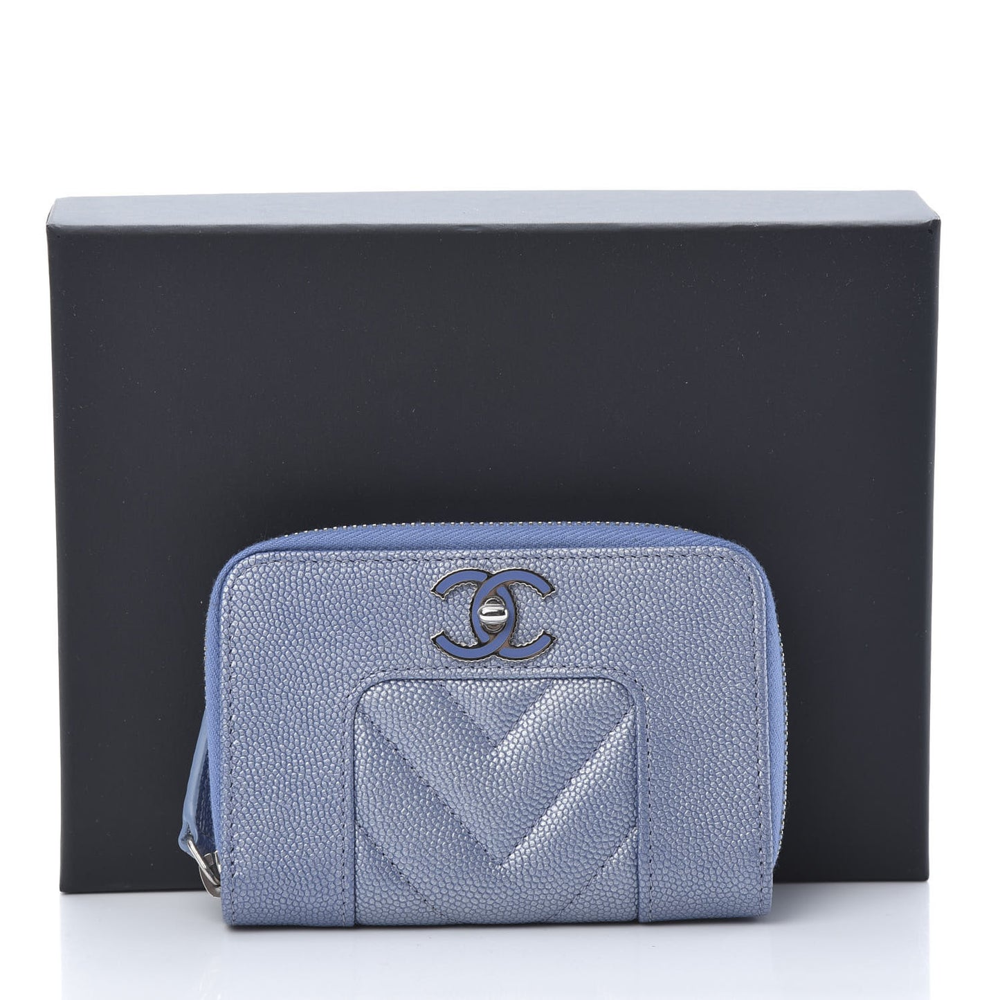 Metallic Caviar Chevron Quilted Vintage Mademoiselle Zip Coin Purse Light Blue