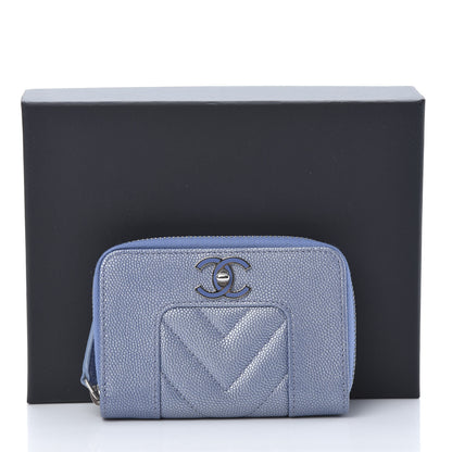 Chanel Metallic Caviar Chevron Quilted Vintage Mademoiselle Zip Coin Purse Light Blue 8 of 8