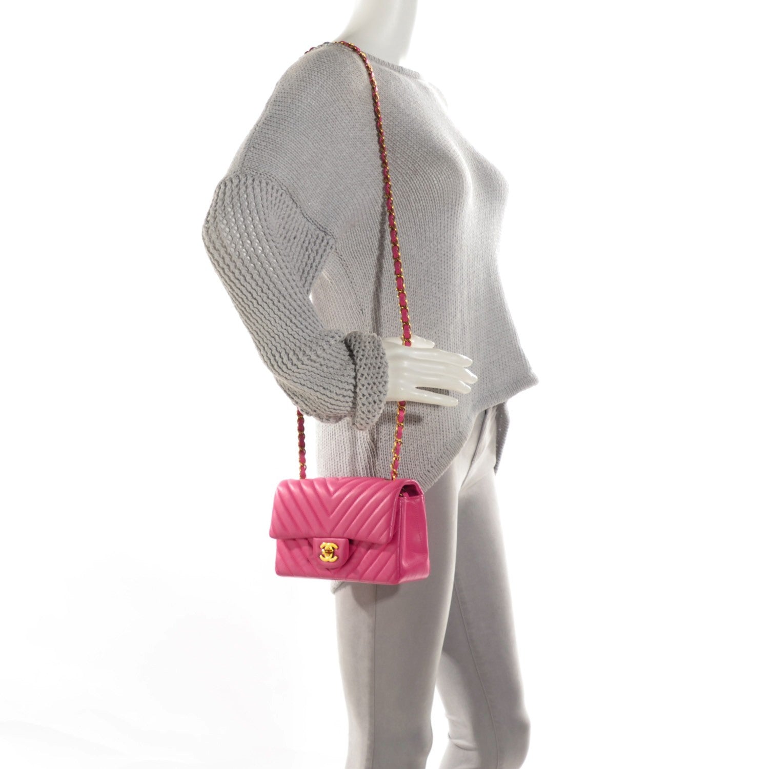 Chanel Lambskin Chevron Quilted Mini Rectangular Flap Fuchsia 2 of 8
