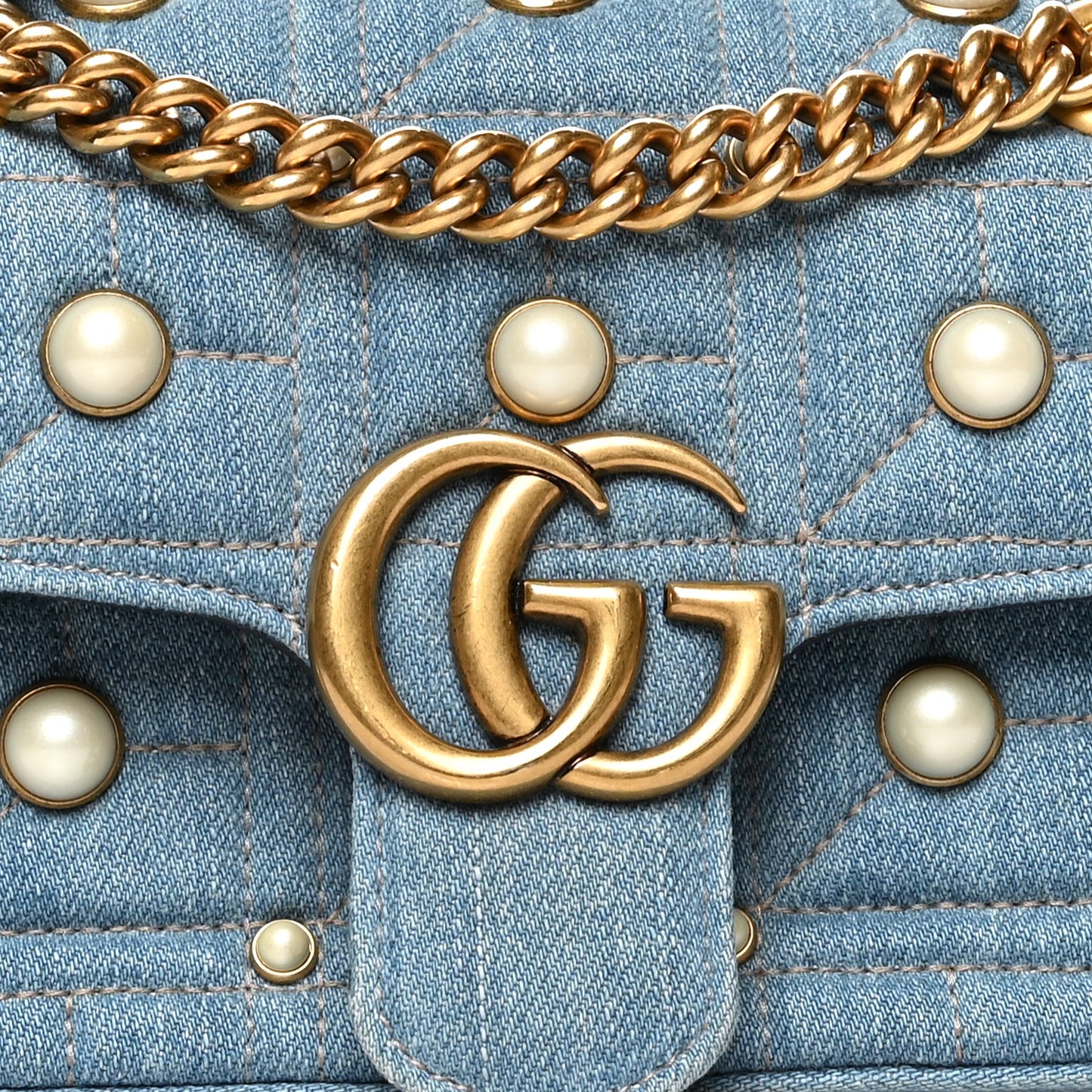 Denim Matelasse Pearl Studded Mini GG Marmont Shoulder Bag Blue