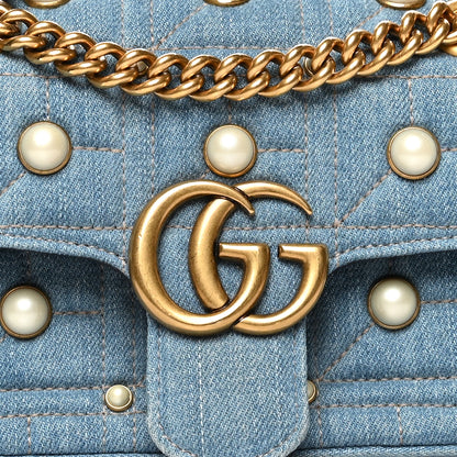 Gucci Denim Matelasse Pearl Studded Mini GG Marmont Shoulder Bag Blue 9 of 11