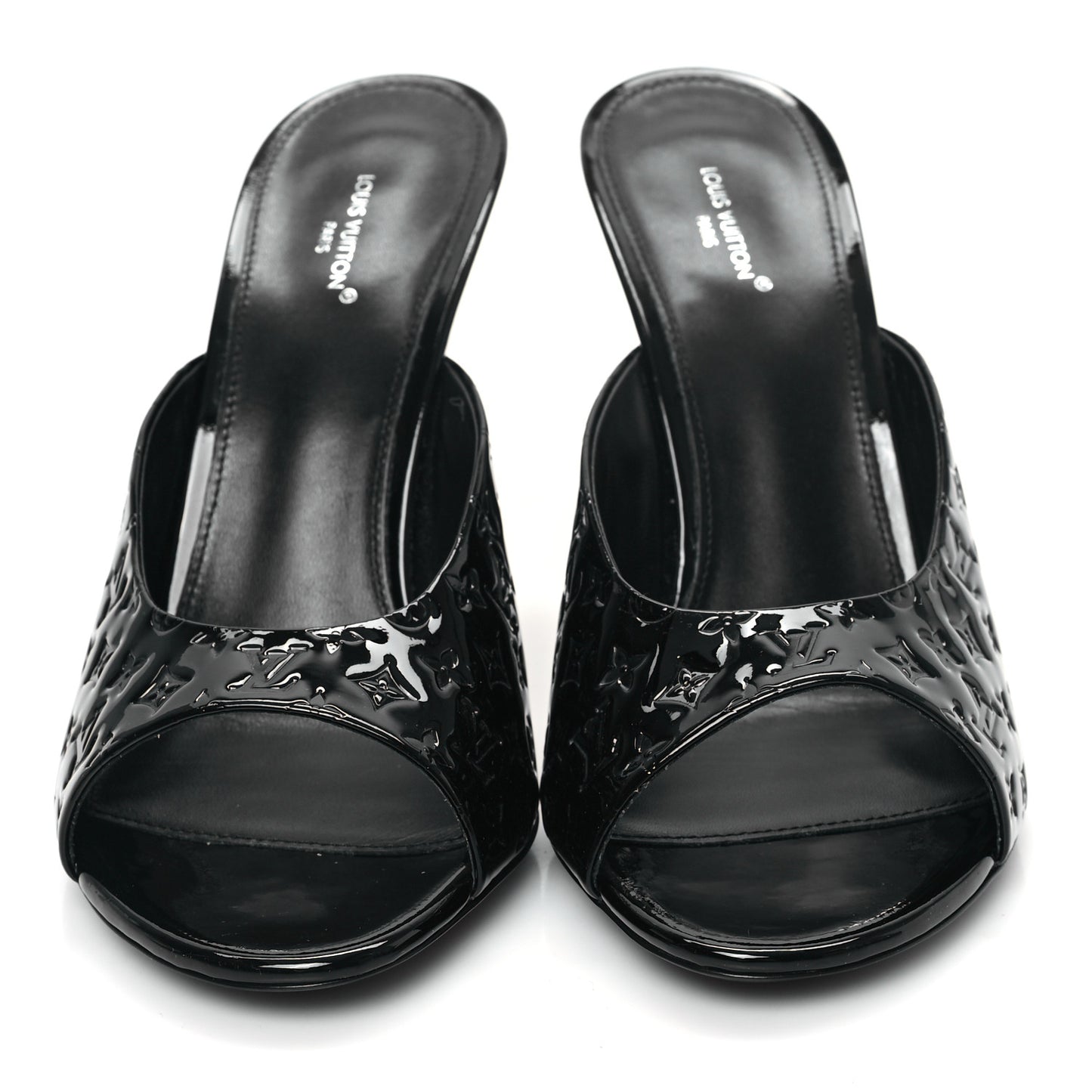Patent Calfskin Monogram Embossed Super Mules 40 Black