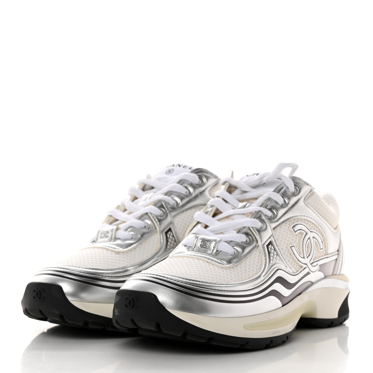 Chanel Fabric Laminated Calfskin Stretch CC Womens Sneakers 38 White Silver 3 of 9