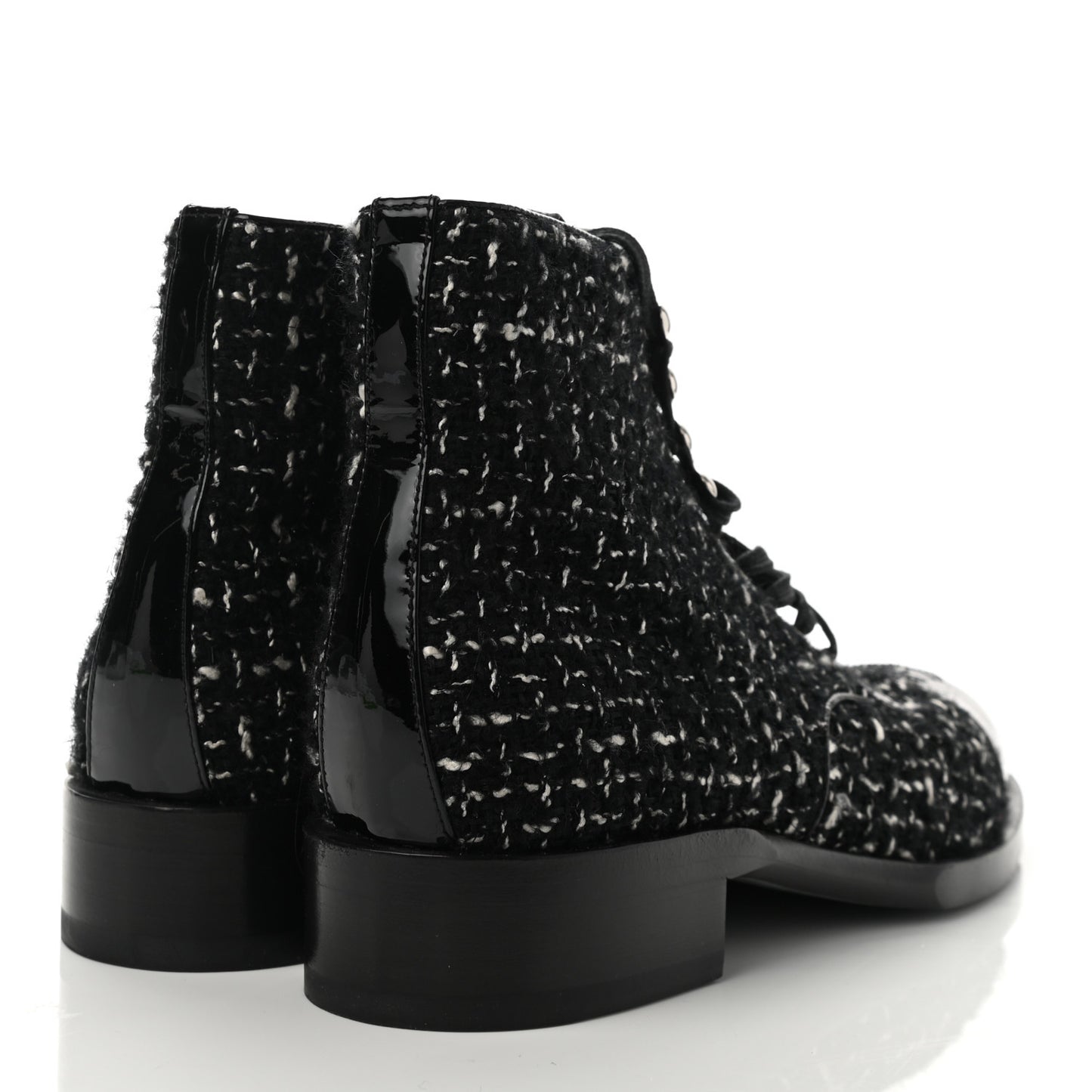 Tweed Calfskin Patent CC Lace Up Boots 38 Black White