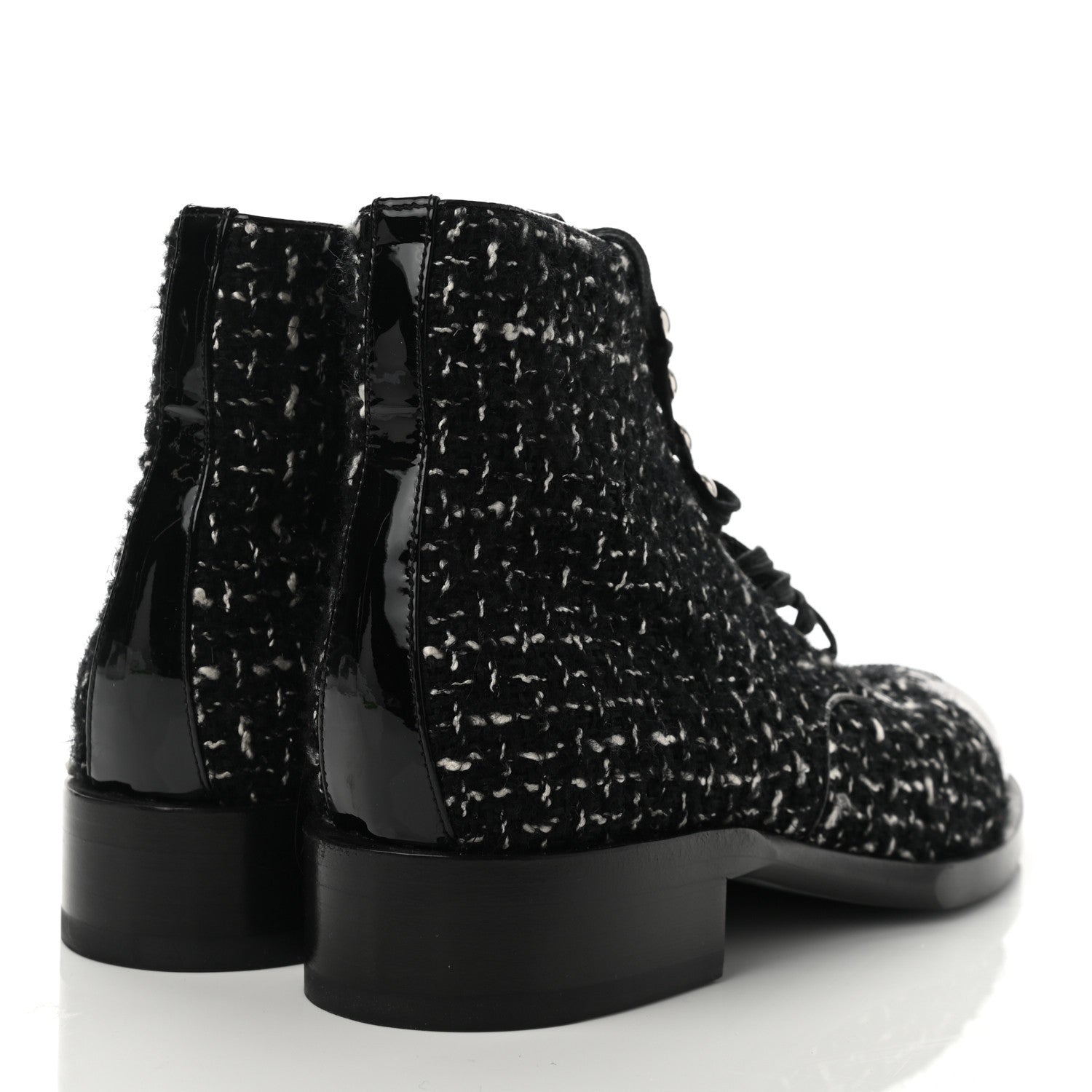 Chanel Tweed Calfskin Patent CC Lace Up Boots 38 Black White 4 of 8
