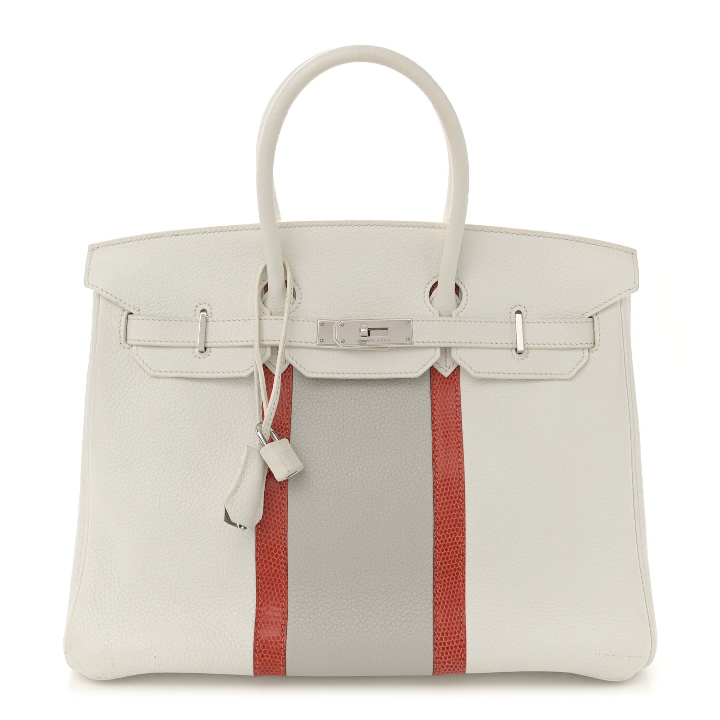 Taurillon Clemence Lizard Club Birkin 35 Blanc Gris Perle Sanguine