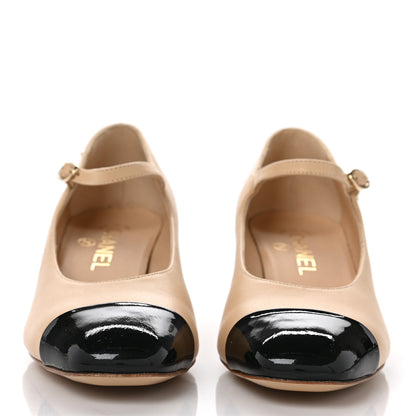 Chanel Patent Lambskin Cap Toe Mary Jane Mid Heel Strap Pumps 38 Beige Black 2 of 8