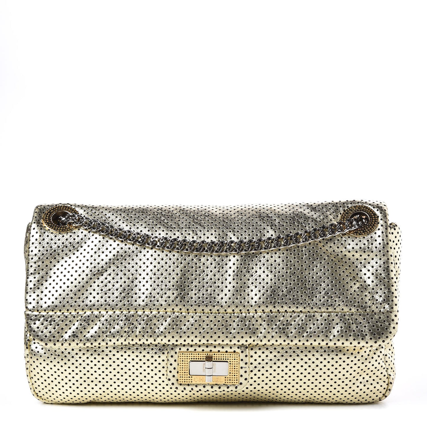 Metallic Crackled Calfskin Perforated Large Drill Flap Gold