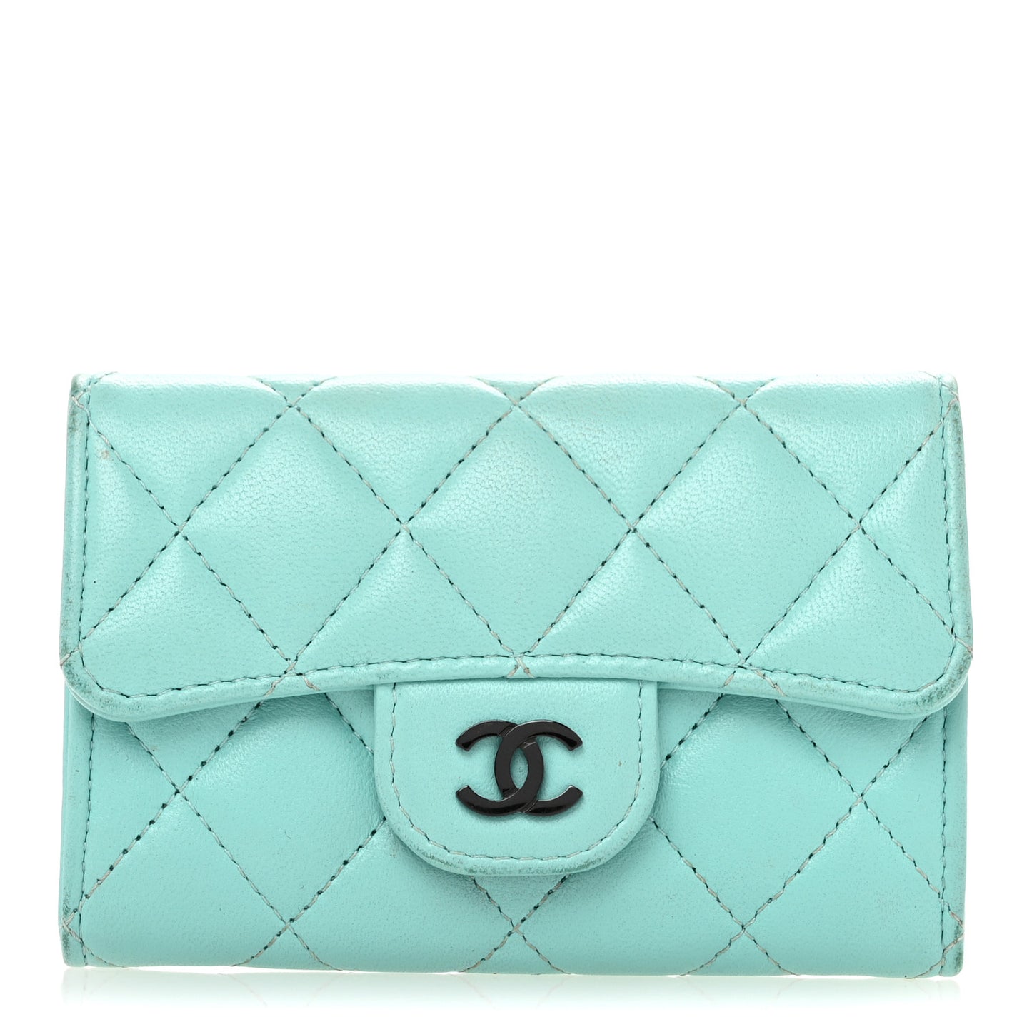 Lambskin Quilted Flap Card Holder Wallet Turquoise