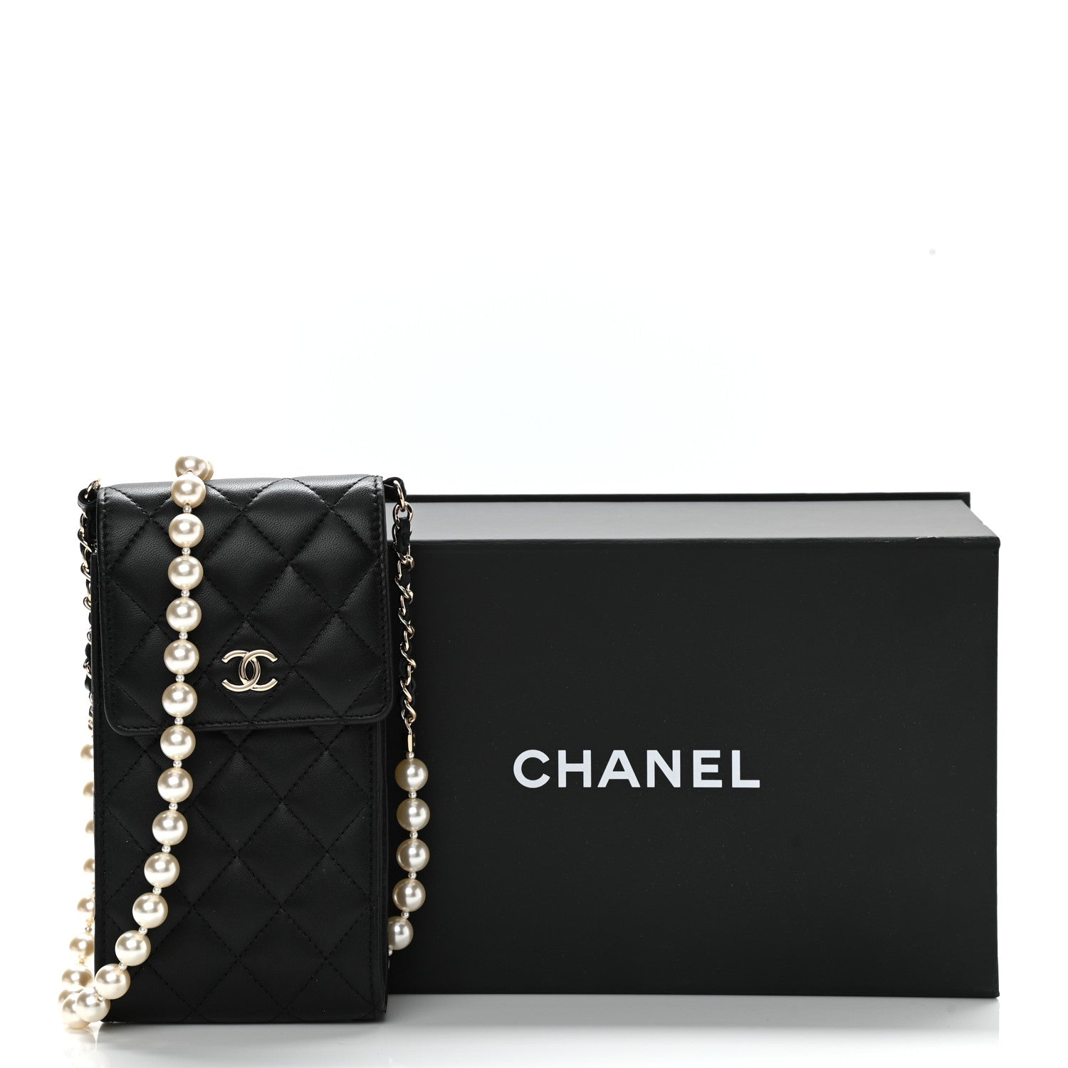 Chanel Lambskin Quilted Pearl Phone Holder With Chain Black 12 of 12