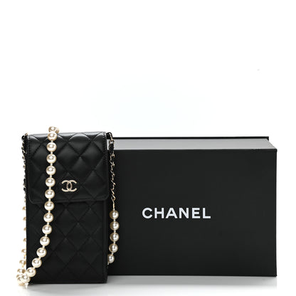 Chanel Lambskin Quilted Pearl Phone Holder With Chain Black 12 of 12