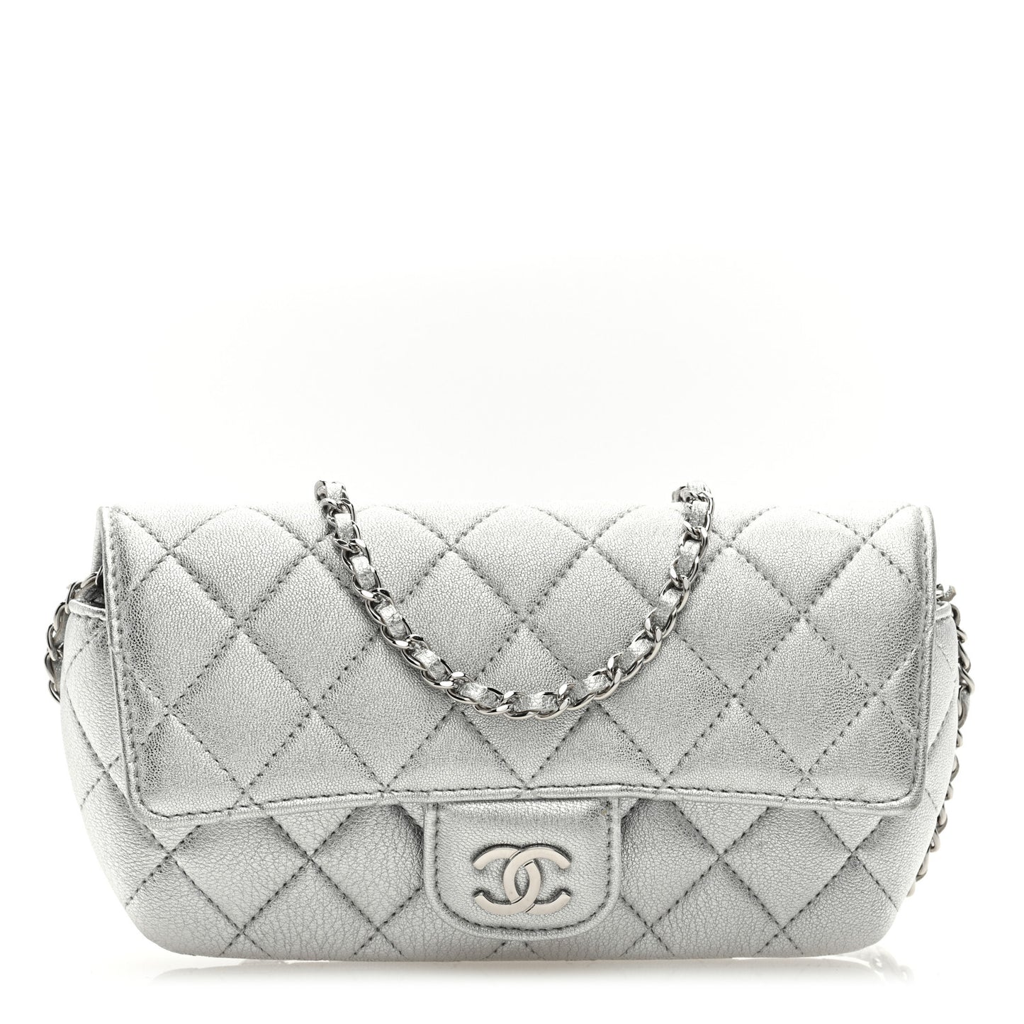 Metallic Lambskin Quilted Glasses Case With Chain Silver