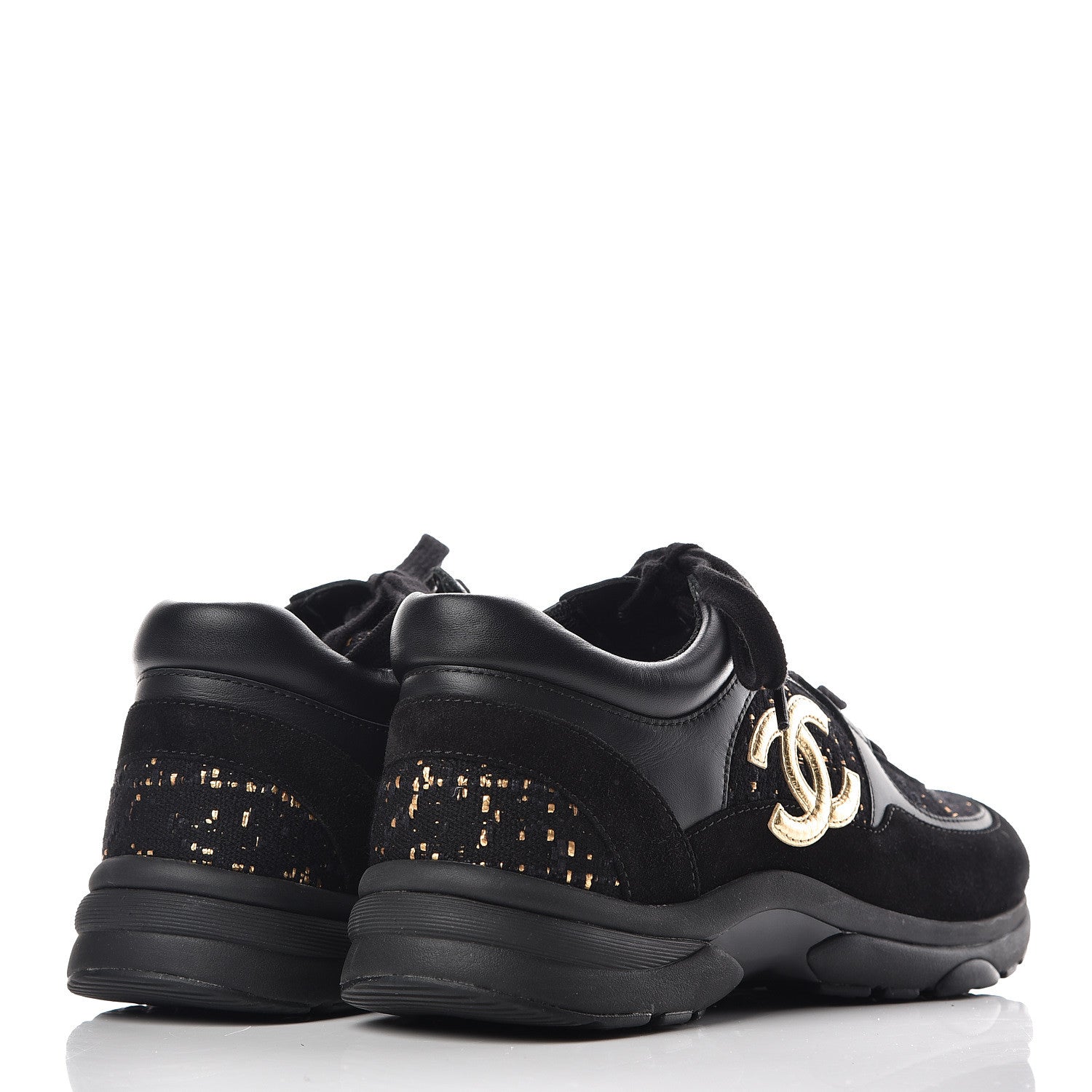 Chanel Velour Tweed CC Sneakers 37.5 Black Gold 4 of 8