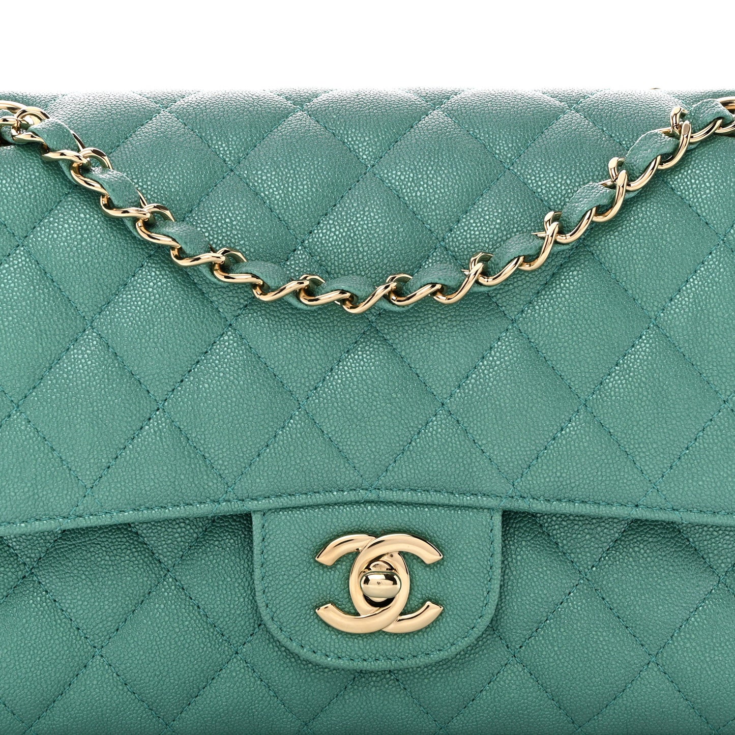 Iridescent Caviar Quilted Medium Double Flap Green