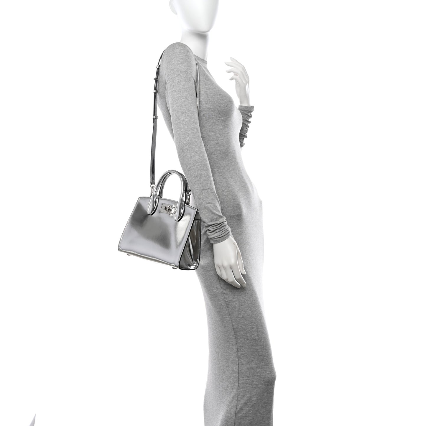 Metallic Calfskin Small The Studio Box Bag Argento