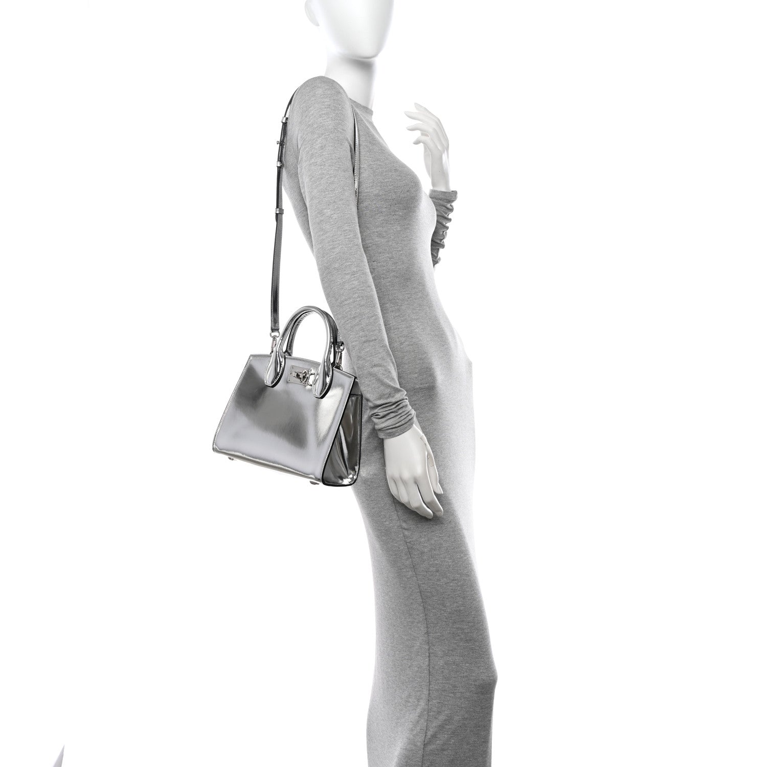 Salvatore Ferragamo Metallic Calfskin Small The Studio Box Bag Argento 2 of 13