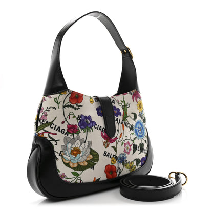 Gucci X BALENCIAGA Canvas Boarded Pluton Calfskin Flora Logo Print Small Jackie 1961 Hobo White Multicolor Black 3 of 10