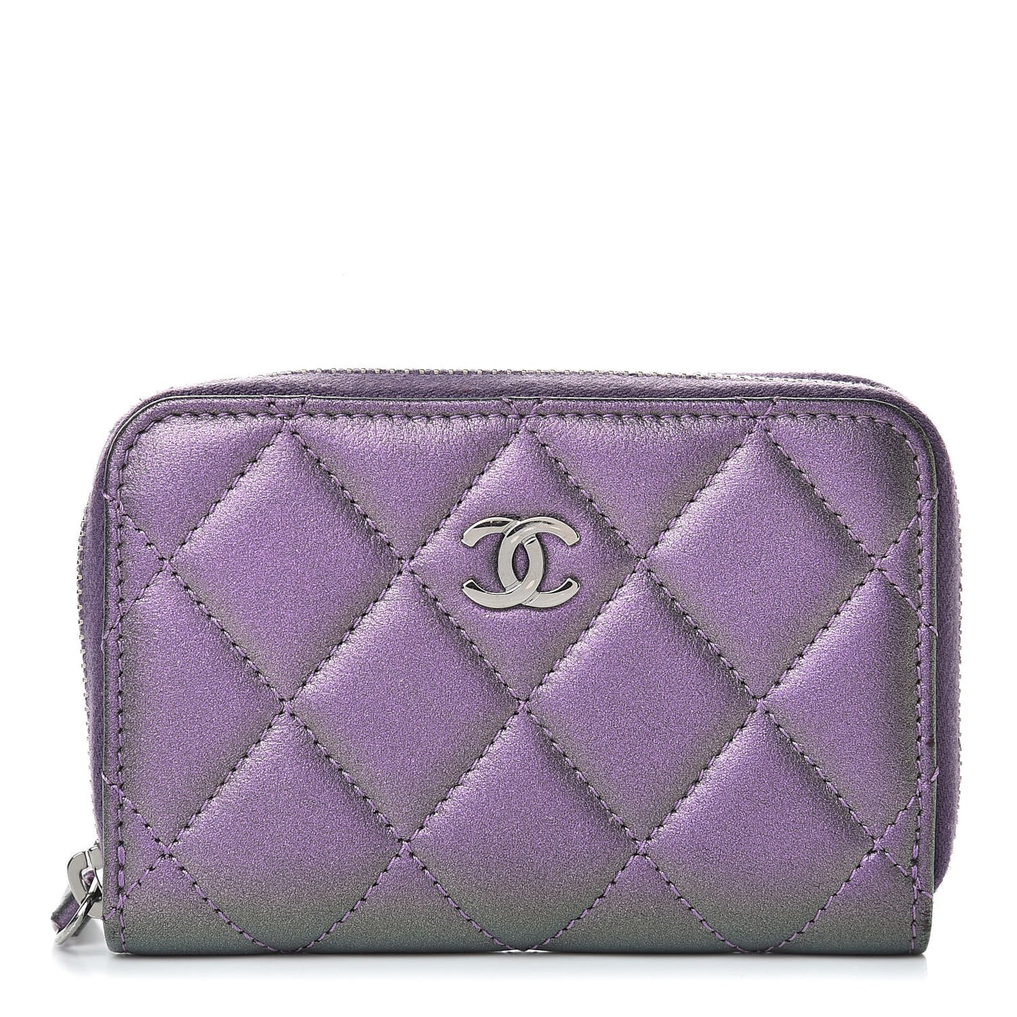 Metallic Lambskin Quilted Zip Around Coin Purse Wallet Purple