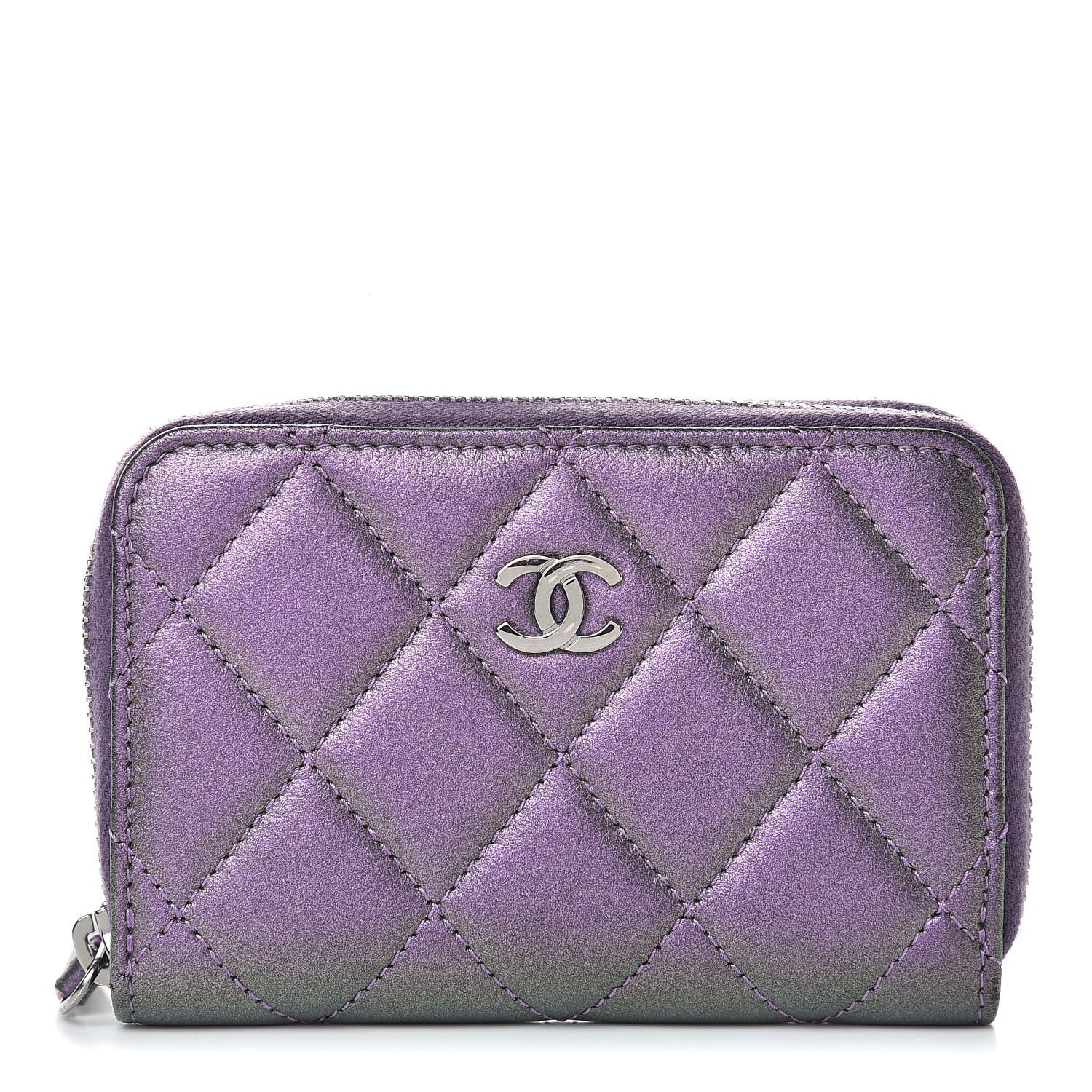 Chanel Metallic Lambskin Quilted Zip Around Coin Purse Wallet Purple 1 of 8