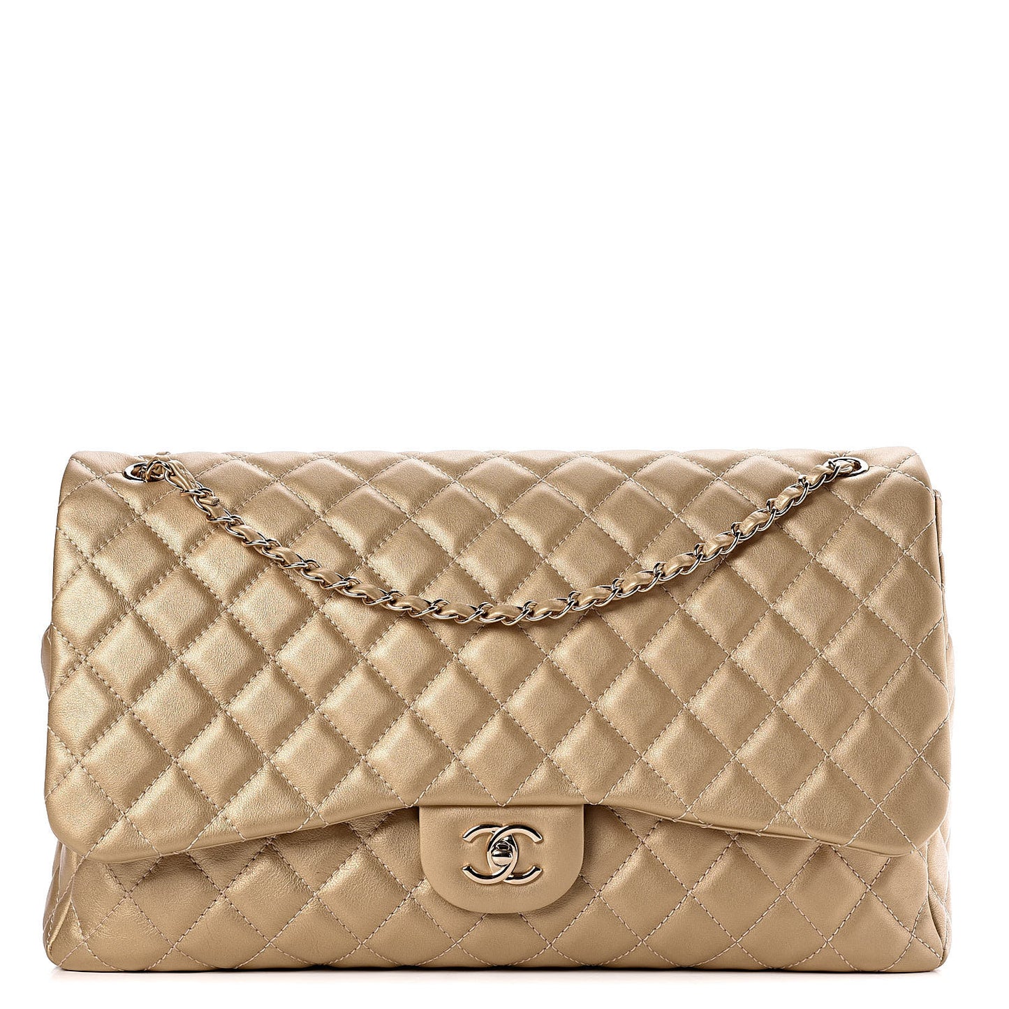 Metallic Calfskin Quilted Small XXL Travel Flap Bag Gold