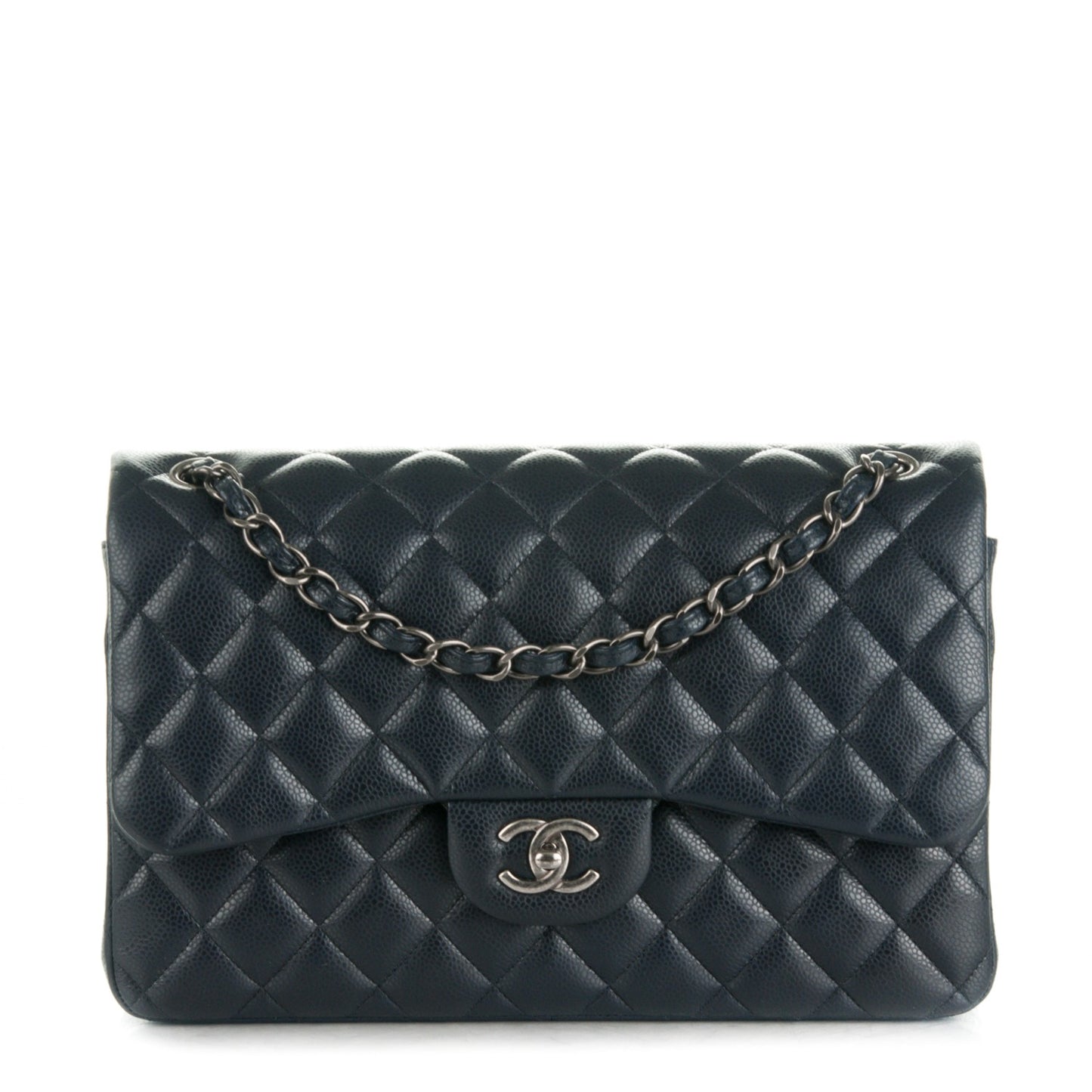 Caviar Quilted Jumbo Double Flap Navy Blue