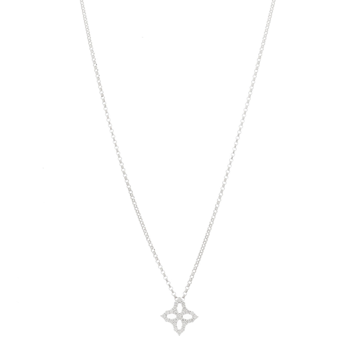 18K White Gold Diamond Small Princess Open Flower Pendant Necklace