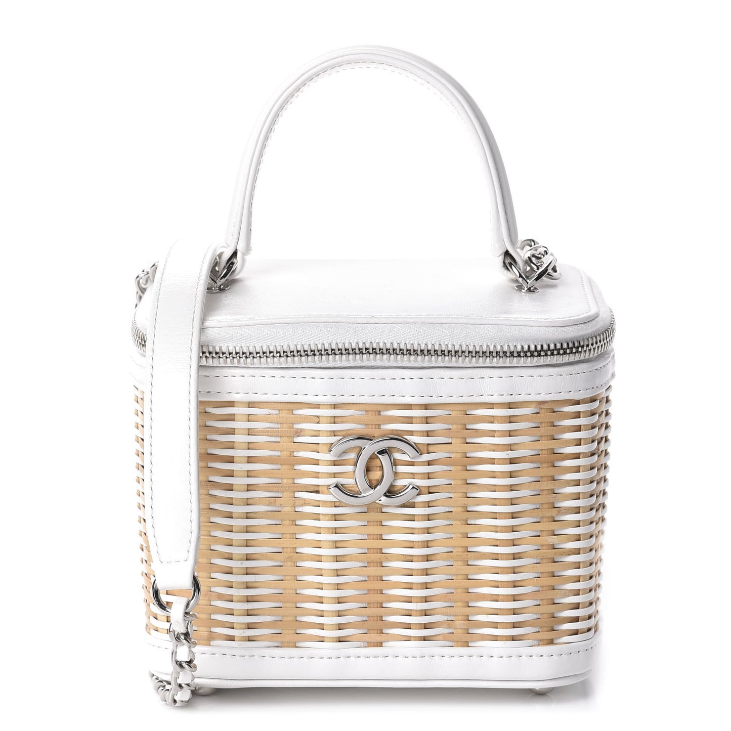 Calfskin Raffia Small Vanity Case Bag White Beige