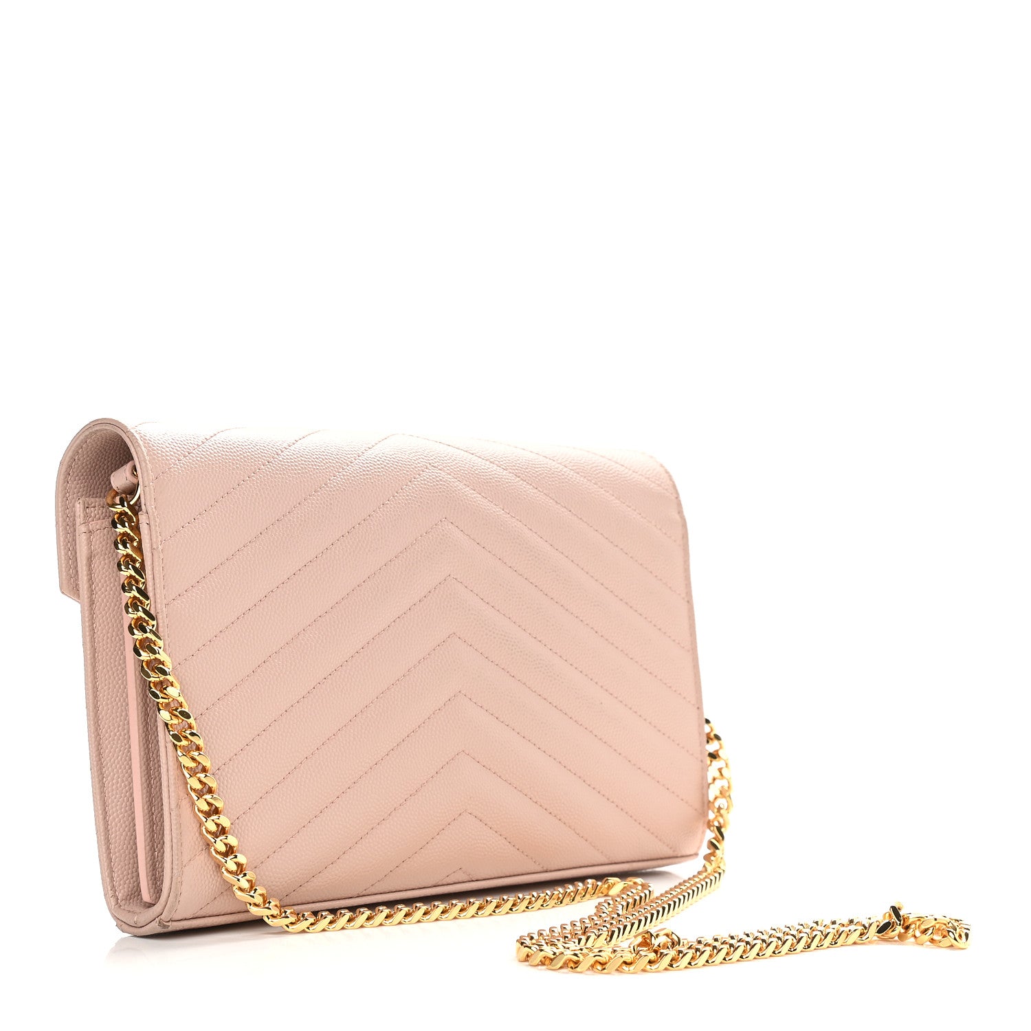 Saint Laurent Grain De Poudre Matelasse Chevron Monogram Chain Wallet Pale Pink 3 of 9