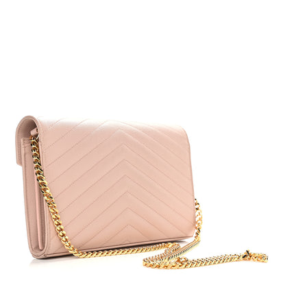 Saint Laurent Grain De Poudre Matelasse Chevron Monogram Chain Wallet Pale Pink 3 of 9