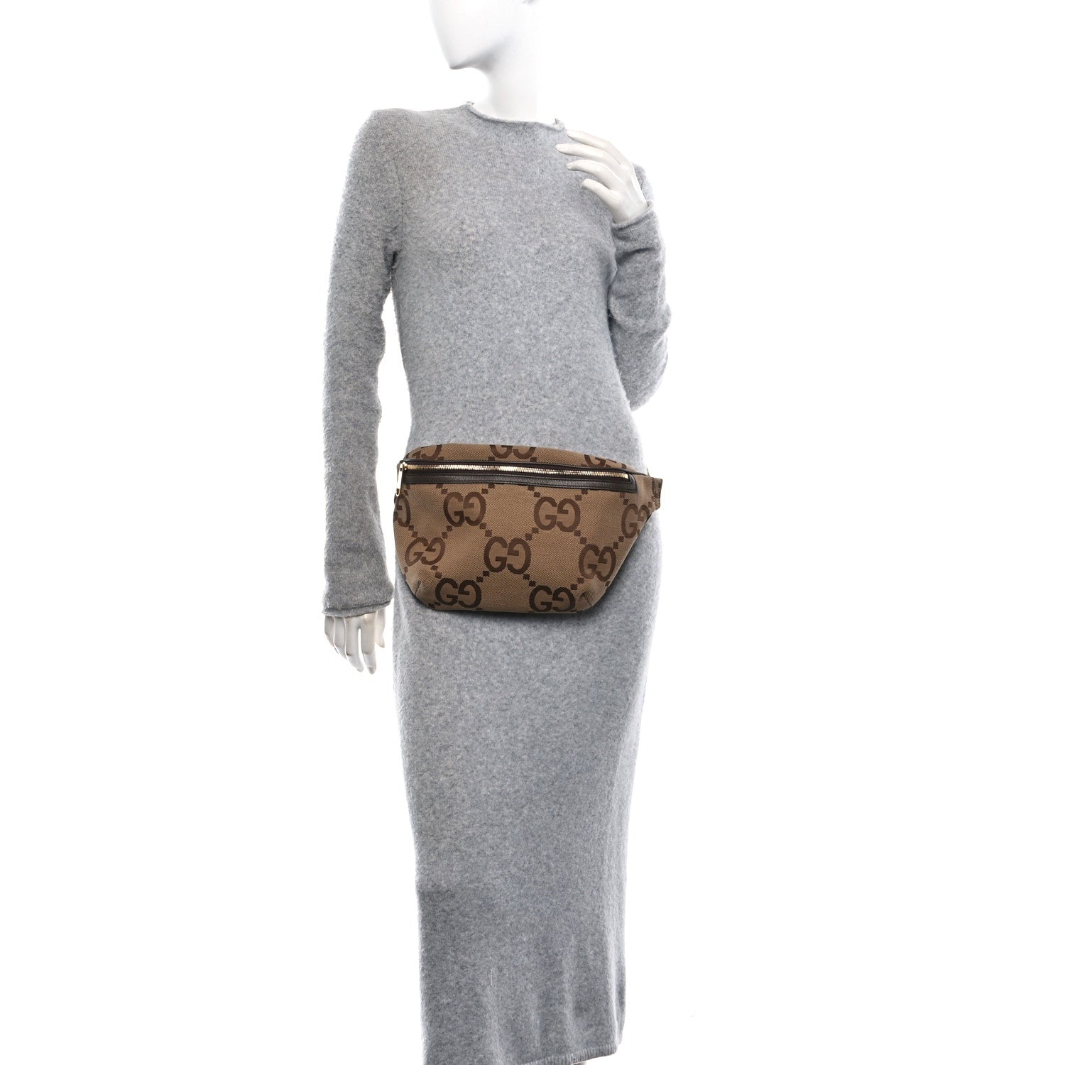 Gucci Monogram Jumbo GG Textured Dollar Calfskin Web Belt Bag Camel Ebony New Acero 2 of 10