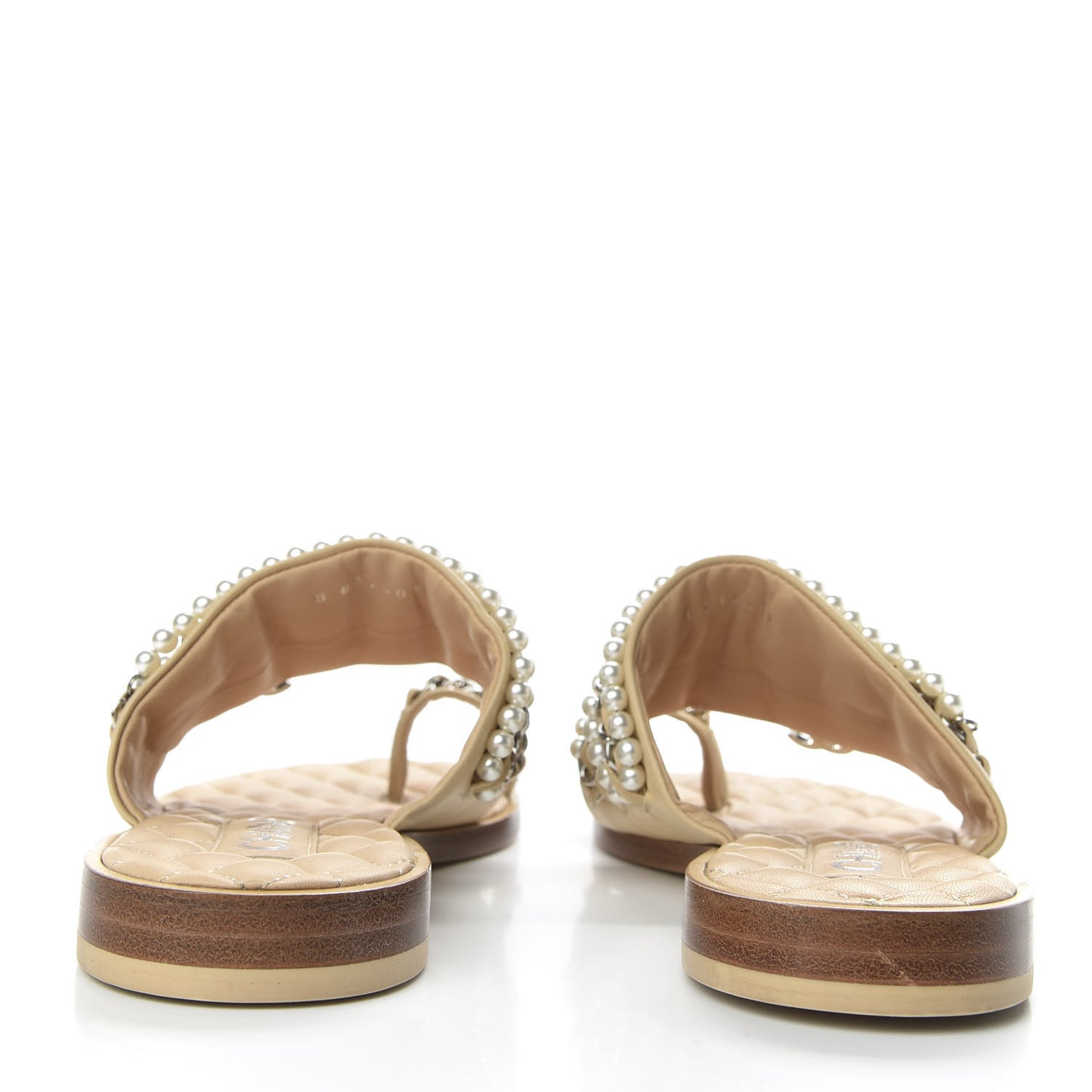 Pearl Lambskin Chain Flat Sandals 36 Beige