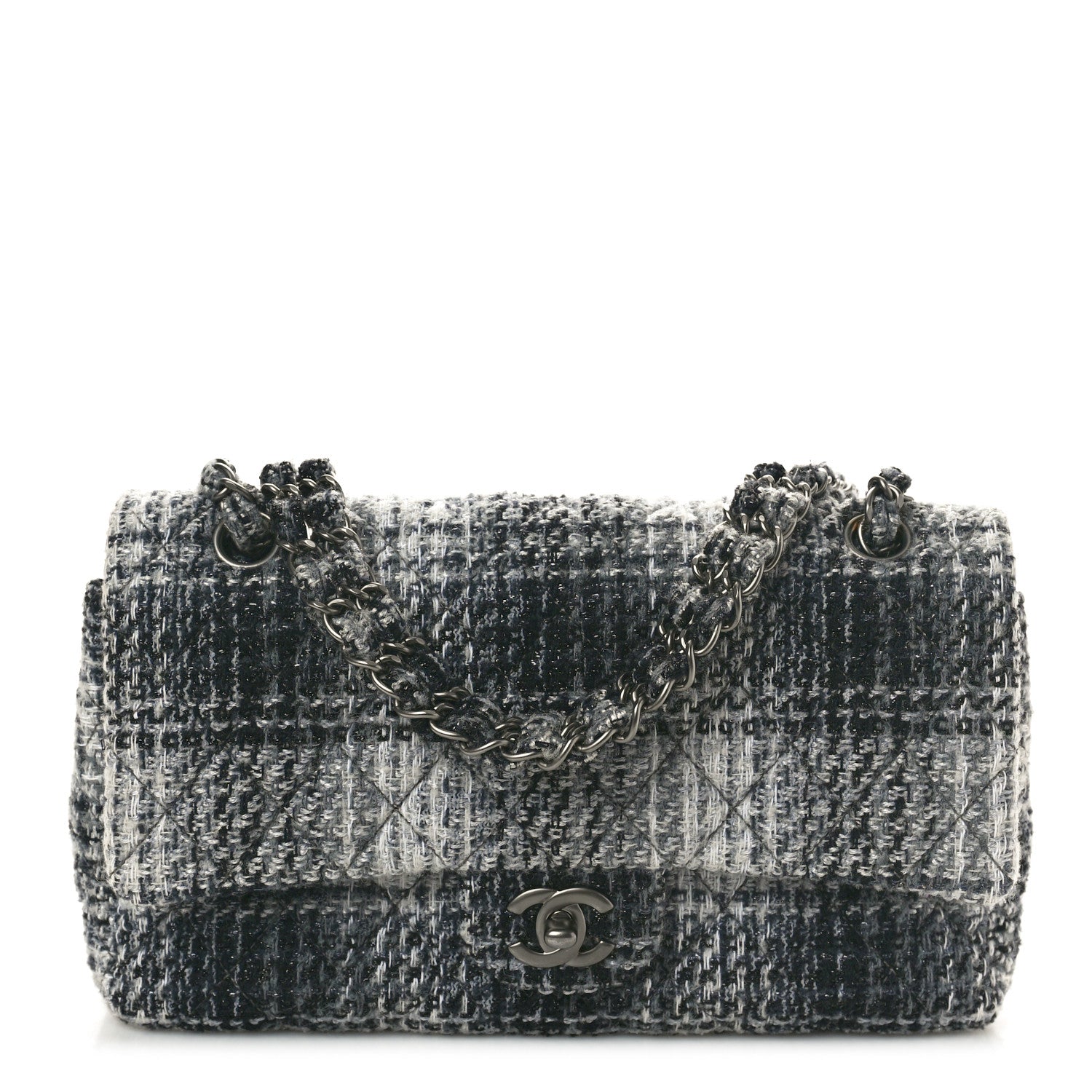 Chanel Tweed Quilted Medium Double Flap Black Grey 1 of 11